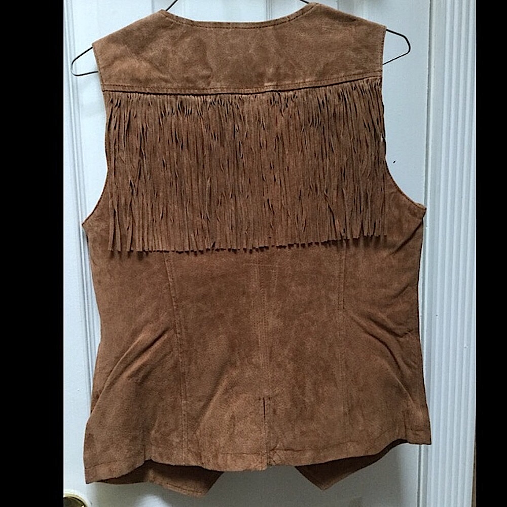 Vntg Suede Leather Fringed Vest, Festival Hippie BOHO Cowgirl, Chestnut Tan S - Picture 4 of 8